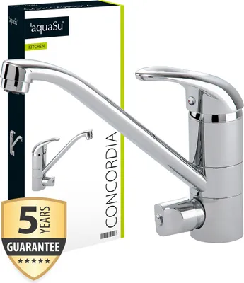 Produktbild von 'aquaSu® Küchenarmatur Concordia | Wasserhahn Küche | Niederdruck Spültischarmatur mit Geräteanschluss | Einhebelmischer Spüle | Ringgriff | Keramikkartusche mit Wassersparfunktion | Chrom | 77200 6