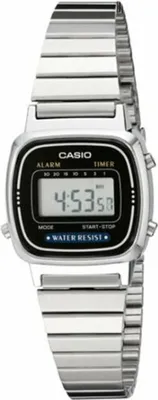 A digital watch with a silver band and black face.