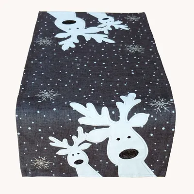 Produktbild von Tischwäsche Tischläufer Stickerei lustiger Elch Winter Weihnachten Deko 40 x 85 cm - dunkelgrau