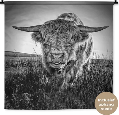 Produktbild von MuchoWow® Wandteppich Wandbehang Scottish Hochlandrind - Gras - Schwarz - Weiß 90x90 cm Tapisserie Dekoration Wandtuch - Wandaufhänger
