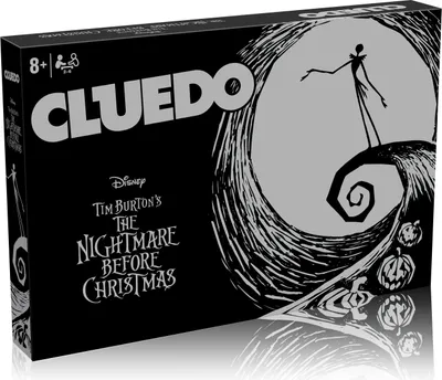 The image shows the front of a Cluedo board game box themed around Tim Burton's The Nightmare Before Christmas.