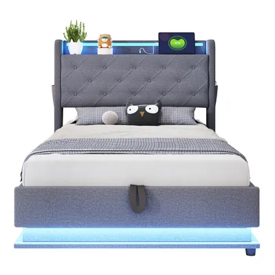 Produktbild von Abrihome Polsterbett 90×200cm mit Hydraulischem Stauraum, Einzelbett Kinderbett mit USB-Steckdose und Handytasche, Grau