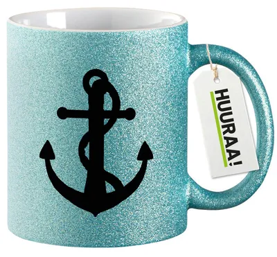 Produktbild von Huuraa Glitzertasse Anker Ankor 330ml Blau Keramik Kaffeebecher Geschenkidee