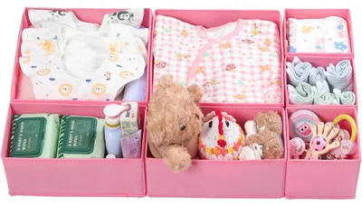 Productafbeelding van Opbergbakken set van 7 roze, inklapbaar, geschikt voor de MALM commode, voor het opbergen van kleding, in kasten of bij een commode voor baby's