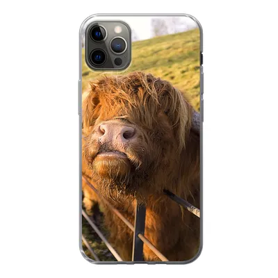 Produktbild von MuchoWow® Handyhülle Schutzhülle Hülle für iPhone 12 Pro Max Scottish Highlander - Zaun - Gras Silikon Softcase Handy Hülle - Hartschale