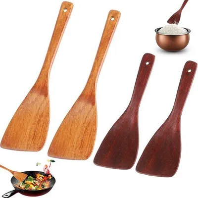 Produktbild von Ibenzoa® 4er-Set lange, hitzebeständige Holzkochlöffel – ergonomisch & pfannenschonend, für Küche & Restaurant, inkl. Pfannenwender und Reislöffel