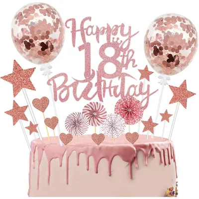 Zdjęcie produktu dla BOYATONG Dekoracja tortu na 18. urodziny dla dziewczynki, 24 szt. Zestaw topperów na tort z różowego złota, tort z napisem Happy 18th Birthday na