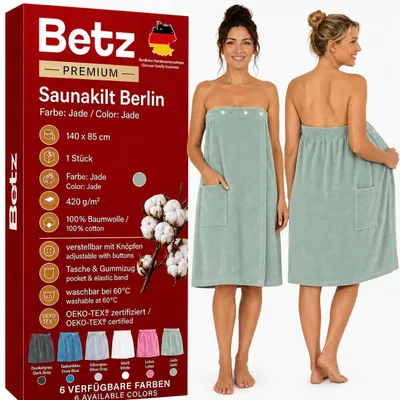 Produktbild von Betz Saunakilt Berlin – Frottee Saunakilt für Damen 100% Baumwolle, 420 g/m² – verstellbar mit Knöpfen & Gummizug – Saunahandtuch mit Tasche - Jade
