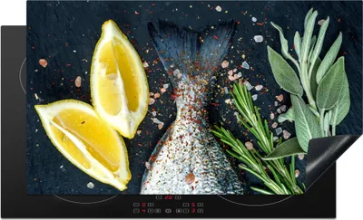 Produktbild von KitchenYeah© Herdabdeckplatte Fisch - Zitrone - Kräuter , 91x52cm, Küche Deko, Glaskeramikkochfeld Herdabdeckung, Abdeckplatte fùr Kochfeld