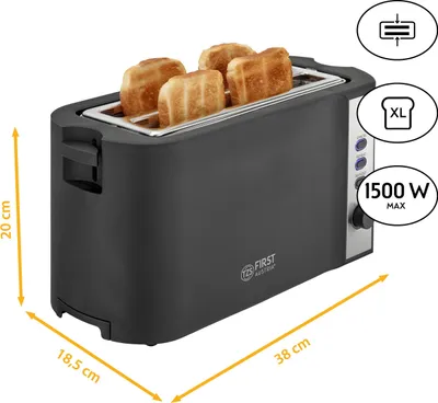 Produktbild von TZS First Austria Toaster Langschlitz, 4 Scheiben, 1200-1500W, 6 Bräunungsgrade, Auftau- und Aufwärmfunktion, Brotzentrierung, Krümelfach, Schwarz/Edelstahl