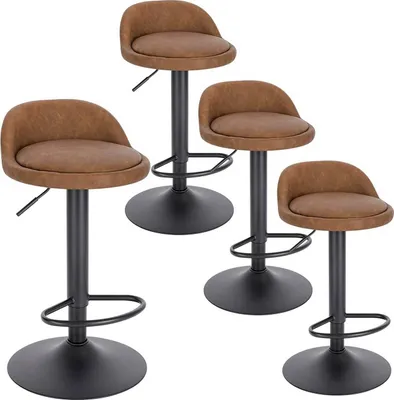 Four brown bar stools are arranged on a white background.