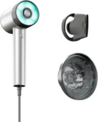 A silver hairdryer and its accessories are displayed against a white background.