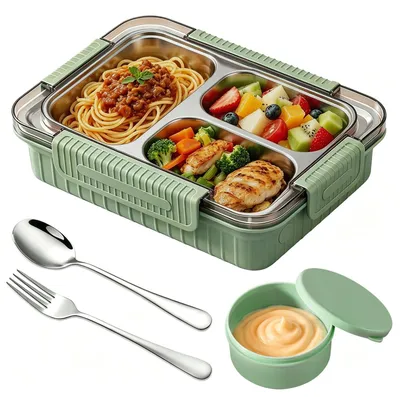Edelstahl-Lunchbox 1000 ml, 3 Fächer, auslaufsicher, Grün