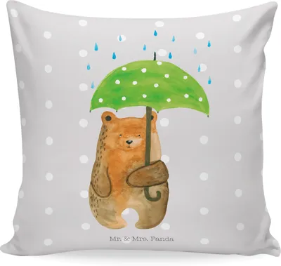 Produktbild von Mr. & Mrs. Panda kissen bedruckt Bär Regenschirm - Grau Pastell - Geschenk, Familie, Zierkissen, Dekokissen, Freunde, Liebe, Liebeskummer, Teddy, Sofakissen, Pärchen