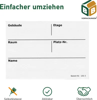 Produktbild von 50 x Umzugsetiketten (105 x 75 mm) weiß selbstklebend Rückstandlos ablösbar Kartonaufkleber Sticker Umzugsaufkleber beschriften BB-Verpackungen