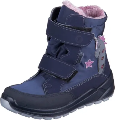 A single blue boot with pink fur lining and a unicorn decoration is shown against a white background.