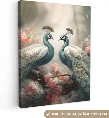 Produktbild von MuchoWow® - Leinwandbilder - Pfaue - Pfauenfedern - Vögel - Natur, Wandbild, Wanddeko Bilder Wohnzimmer, 60x80 cm