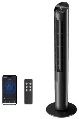 Zdjęcie produktu dla Wentylator wieżowy HOMCOM z pilotem i aplikacją WiFi, obrót o 65°, 4 tryby pracy, kolor czarny