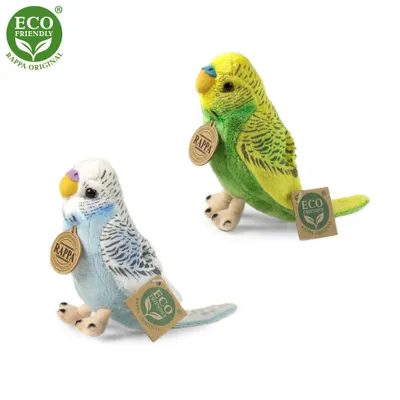 Two plush budgies, one blue and white, the other green and yellow, are shown against a white background. Both have tags attached.