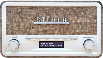 A retro-style DAB radio with a fabric speaker grille and a digital display showing song information.