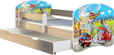 Produktbild von ACMA Jugendbett Kinderbett Junior-Bett Komplett-Set mit Matratze Lattenrost und Rausfallschutz Sonoma 36 Feuerwehr 180x80 + Bettkasten