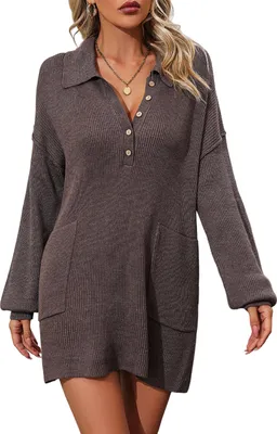 Produktbild von ASKSA Damen Strickkleid Revers Knoepfen Einfarbig Geripptes Langarm Minikleid Winter Sweater Kleid, Braun, XL