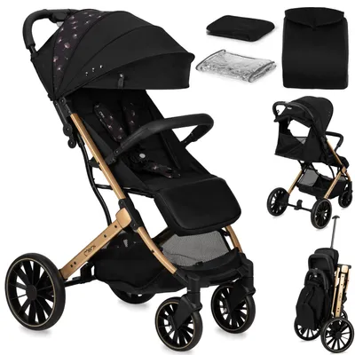 Produktbild von MoMi ESTELLE DAKAR – Ultraleichter Baby Kompaktbuggy mit XL-Rädern, Einhand-Faltung & Trolley-Funktion, inkl. Zubehör, ideal für Reisen – Schwarz/Gold