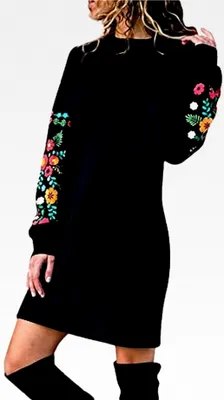 Produktbild von Strickkleid Damen Winter Langarm Minikleid Knielang Pulloverkleid Elegantes Warmes Kleid Lässig Rundhals Sweatkleid Frühling Blumenstickerei Partykleid