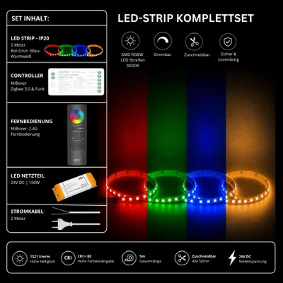 Produktbild von LED Streifen Set RGBW – SMD LED Streifen 24V, 4-in-1, 19,2 W/m, 5m, RGB + Warmweiß 3000K – SS150 Netzteil, SZ5 Zigbee 3.0 Controller und C5 Fernbedienung Schwarz