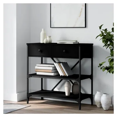 Produktbild von Konsolentisch Schwarz 75x34,5x75 cm Holzwerkstoff mit Metallgestell, Schubladen und Ablagen für Stauraum, Stabile Tischplatte für Flur und Wohnzimmer
