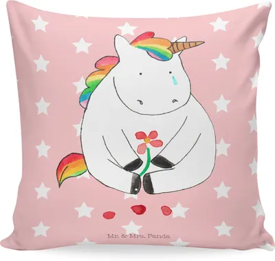 Produktbild von Mr. & Mrs. Panda kuschelkissen 40x40 Einhorn Traurig - Rot Pastell - Geschenk, kissen für sofa, Kopfkissen, Glitzer, Polsterkissen, Blume, bedruckt, Unicorn, Liebe