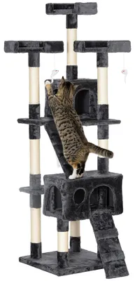Image de Arbre à chat - Arbre pour chats - Plusieurs niveaux - Poteaux en sisal - Grande surface de repos - Cabane - Pour petits chats - Gris