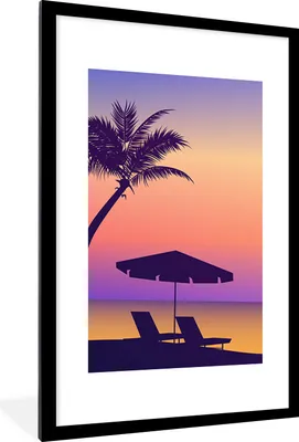 Produktbild von MuchoWow® MuchoWow® Gerahmtes Poster Strandkorb - Sonnenschirm - Palme - Nacht 60x90 cm - Poster mit zchwarzem Bilderrahmen - Dekoration - Wandposter Wohnzimmer - Hochwertig