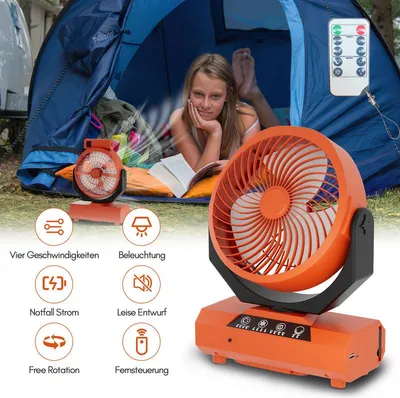 Obrázek produktu pro Bettizia stolní ventilátor, kempingový ventilátor, dobíjecí, 20000mAh baterie, 4 rychlosti, s dálkovým ovládáním, LED světlem a háčkem, pro venkovní použití, stan, oranžový