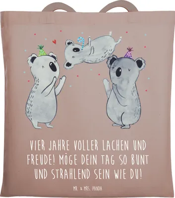 Produktbild von Mr. & Mrs. Panda Tragetasche 4. Geburtstag Freude - Braun Pastell - Geschenk, Glückwunsch, Beutel, Happy Birthday, Meilenstein, Tasche, Tote Bag, Shopping, Laptoptasche