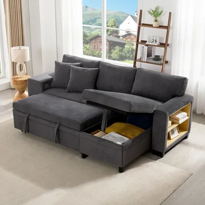 Produktbild von MODFU L-förmiges umbaubares Ecksofa mit Schlaffunktion,Schlafsofa 3-Sitzer-Umbausofa mit USB-Ladeanschluss und Kissen,Klappsofa mit Stauraum,ohne Matratze,Grau
