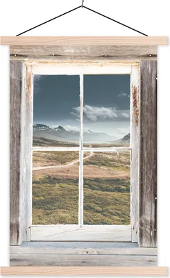 Produktbild von MuchoWow® Textilposter Aussicht - Berg - Holz 120x180 cm mit holzfarbenen Rahmen - Textil-Plakat