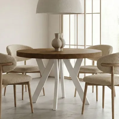 Produktbild von Runder Ausziehbarer Tisch für Esszimmer, PERO, Loft-Stil, Skandinavische, Durchmesser: 120 / 220 cm, Farbe: Eiche Lefkas / Weiß