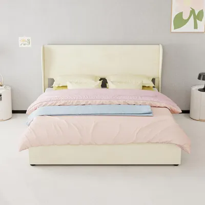 Imagen del producto de Cama tapizada Zerbaco, tamaño doble, 160x200 cm, con cajón de almacenamiento hidráulico y somier, color beige