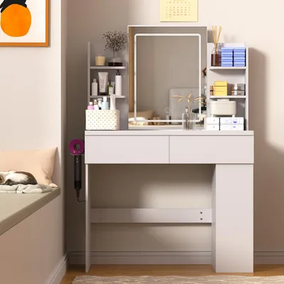 Produktbild von Schminktisch Mit Spiegel Mit Schubladen Mit verstellbarer LED-Beleuchtung Frisiertisch Kosmetiktisch 90 x 40 x 135 cm, Weiß