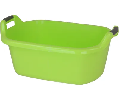 A bright green plastic basin with black handles against a white background.