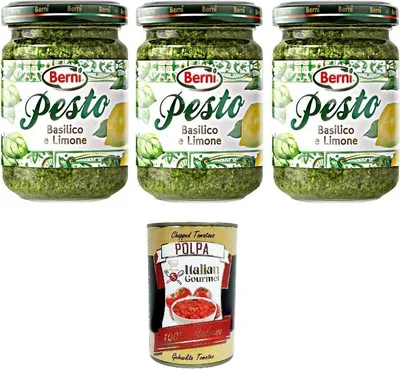 Produktbild von Berni Pesto Basilico e Limone Basilikum-Zitronen-Pesto 3x135gr + Italian Gourmet polpa 400g