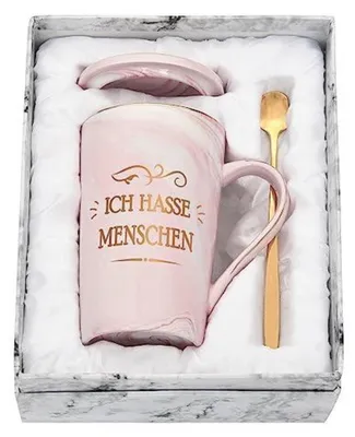 Image de Tasse à café avec l'inscription "Je déteste les gens", 400 ml, en céramique, rose, comprenant une cuillère et un couvercle