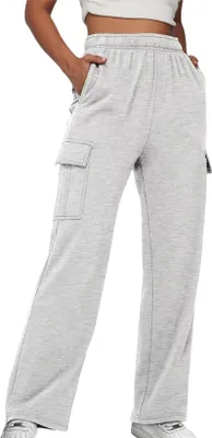 Produktbild von ASKSA Damen Jogginghose Cargohos Waist Freizeithose Weitem Bein Sporthose mit Taschen, Hellgrau, XL