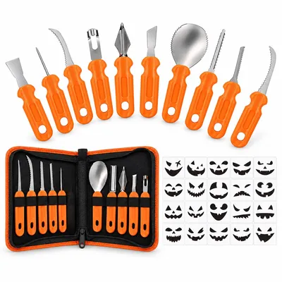 Produktbild von Kinder Kürbisschnitzset 30-teilig, Kürbisschnitzwerkzeug aus Edelstahl mit LED-Kerze, Halloween Schnitzset für Kürbisse