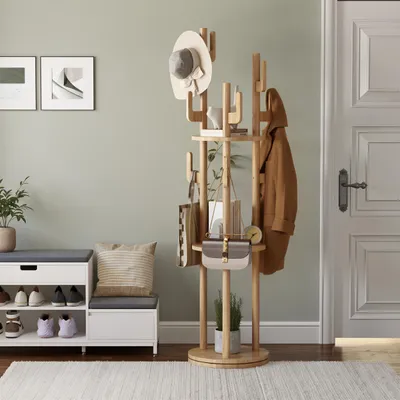Produktbild von Garderobenständer Kleiderständer drehbare, mit 9 Haken und 3 Ablagen 160*40cm, Freistehend Standgarderobe Garderobe in Baumform