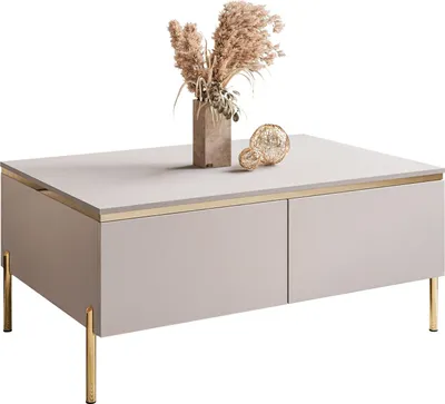 A modern beige coffee table with gold accents and legs, decorated with a vase of dried flowers and a spherical ornament.