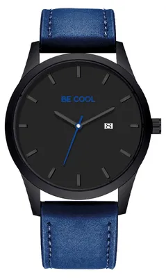 Produktbild von Armbanduhr Quarzwerk, 45 mm Ziffernblatt, 3 ATM wasserdicht, Lederarmband schwarz-blau