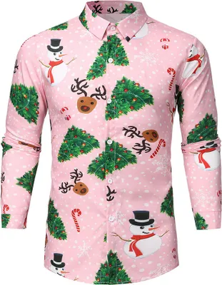 Obrázek produktu pro ASKSA Pánské Funky vánoční tisk Santa košile dlouhý rukáv tlačítko nahoru neformální košile, růžová, XXL