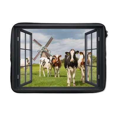 Produktbild von MuchoWow® Laptop Hülle 13 Zoll Aussicht - Kuh - Mühle - Kühe - Wiese - Gras - Grün Laptoptasche - Laptophülle - Sleeve - Rundumschutz
